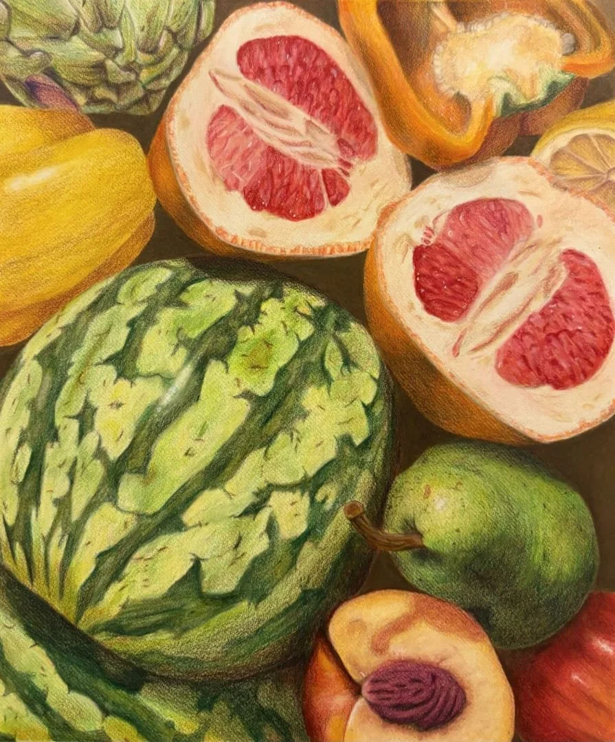 Eat Your Fruits and Veggies is an observational still life created by Ava using watercolor and colored pencil. With a vibrant composition in mind, Ava carefully selected produce to explore color, texture, and value. The work was selected as a finalis