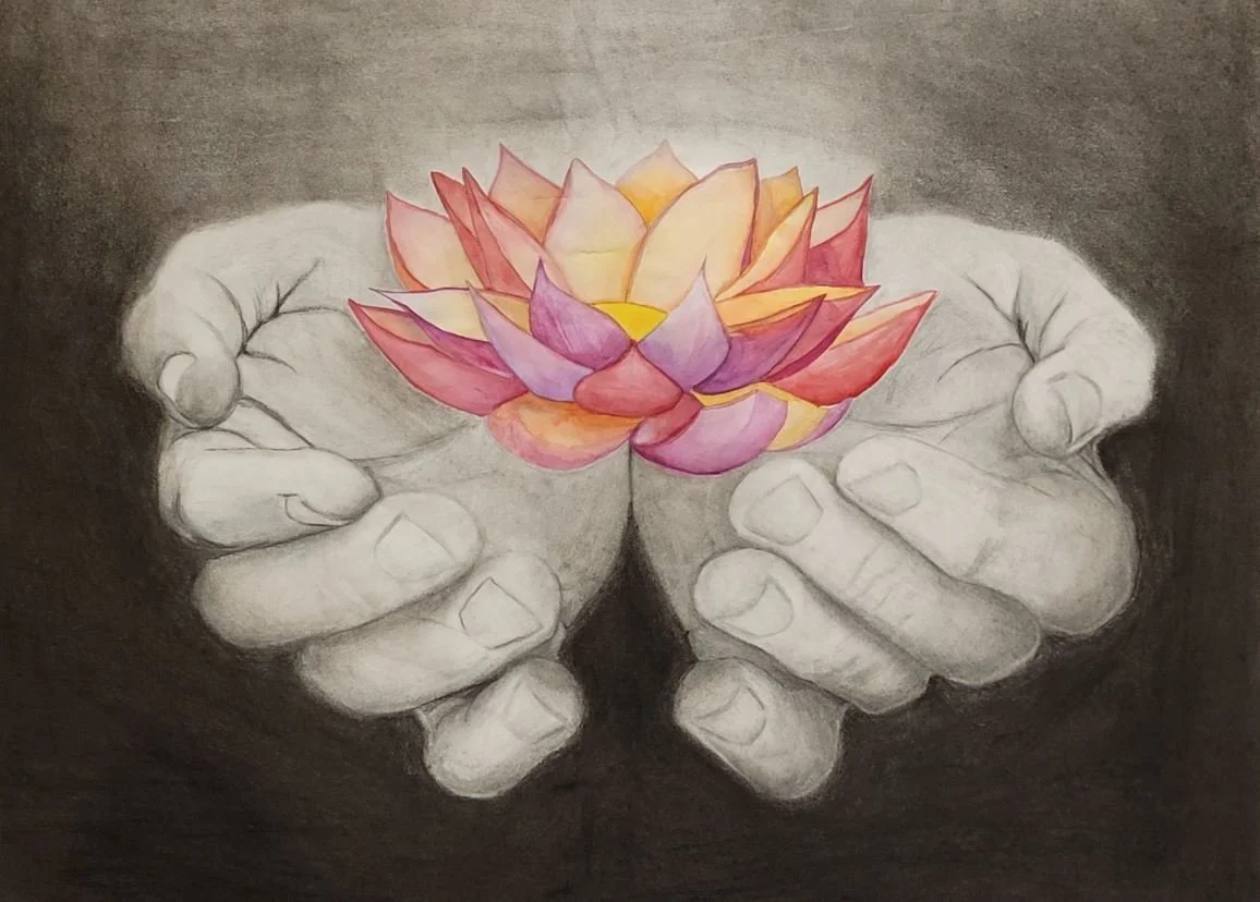 In this piece, What Endures / Hands Like Soil, Zara explores the differences and similarities between humans and nature. Using watercolor, colored pencils, and charcoal, she creates contrast between the two while emphasizing their deep connection. Gr