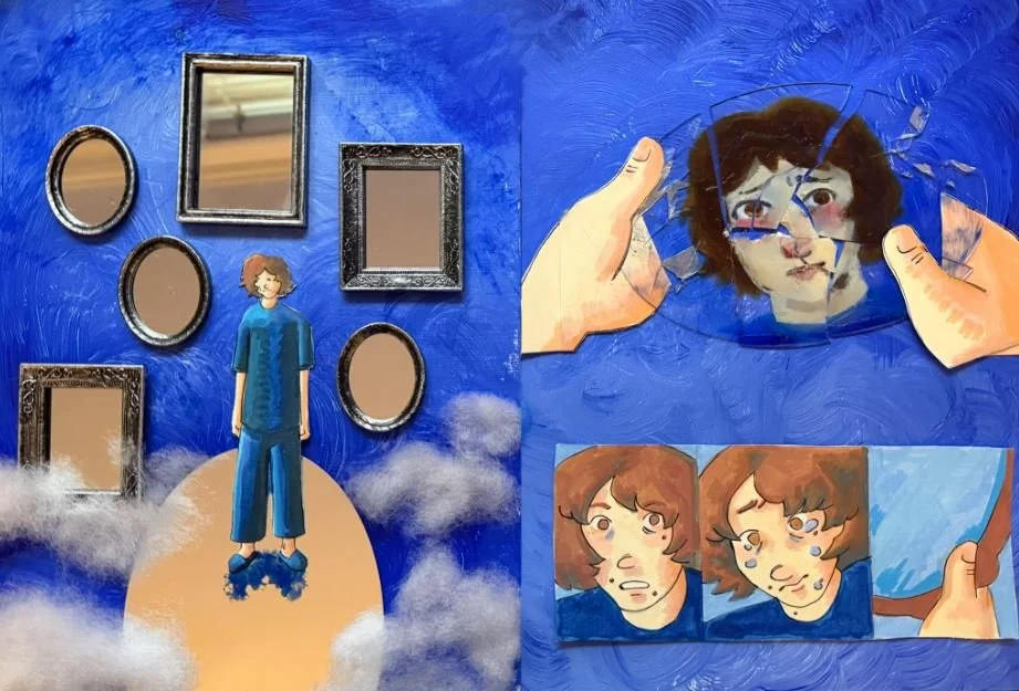 This is an excerpt of Shatter, a diptych comic about identity, created by Eli. The mirrors show reflections of the character that capture parts of their identity, but, together create a disconcerting image of components that can never capture their t