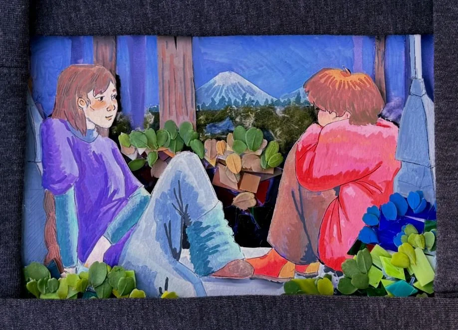 In Huddle, Eli portrays two characters inspired by the isolation of the pandemic. Created during a time of school closures and separation from friends, the work explores the beginning of these characters&rsquo; friendship. By placing the figures comf