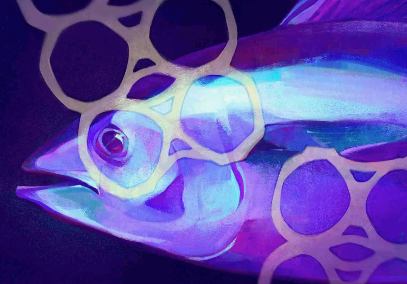 Eshita&rsquo;s digital piece explores the devastating intersection between marine life and human waste. She creates a powerful &ldquo;frame within a frame,&rdquo; forcing the viewer to look into the beautiful fish&rsquo;s eye and feel the suffocating