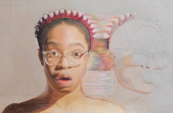 Zara&rsquo;s colored pencil self-portrait captures the mixed emotions of growing up in an unpredictable world. Balancing realism with a more conceptual approach, she shows two versions of herself, one facing forward with a sense of anxiety, the other