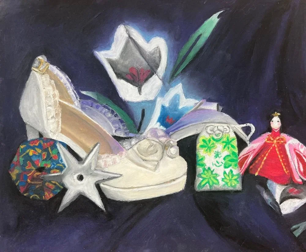 Throwback... Wednesday?? Let's look back at this beautiful still life by Jay B, created with oil pastels and featuring souvenirs from her study abroad in Japan. The scene is framed by a Yukata, showcasing a mix of gifts and trinkets that capture her 