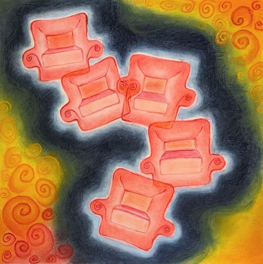 This piece by Eshita Pankaj explores the direct aftermath of getting an ADHD diagnosis and overthinking it while sitting on a red sofa. She used warm and cool colors inspired by thermal camera imagery to represent the fear and relief she felt, and ho