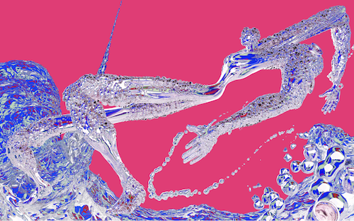 3D digital illustration by ARTriculate student Vir: translucent, liquid-like figures against a hot pink background.