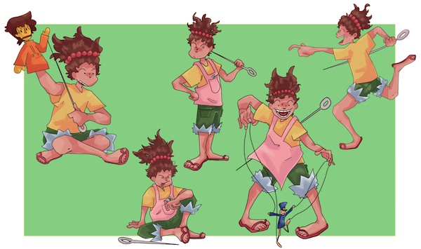Character design sheet by ARTriculate student durok showing a single figure with spiky red hair in multiple expressive poses, from an animation and illustration portfolio.