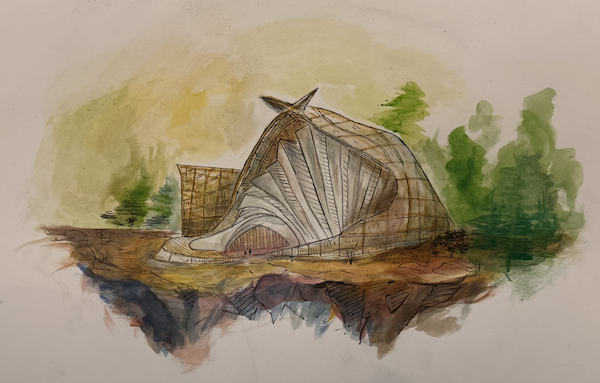 Watercolor architectural rendering by ARTriculate student Jacob, from his BArch portfolio, depicting an organic shell-like structure in a wooded landscape.