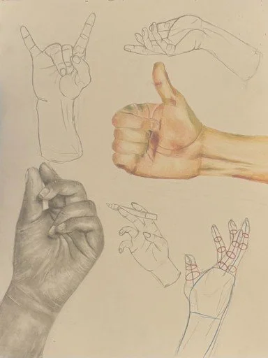 Mixed-media study of hands in various poses, demonstrating anatomy, gesture, and different artistic techniques.