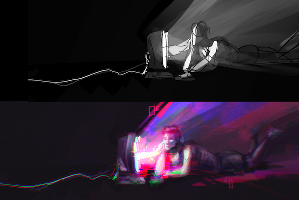 Digital illustration by ARTriculate student Eden: a two-panel scene of a figure at a glowing monitor, shown in monochrome and vivid glitch colors.