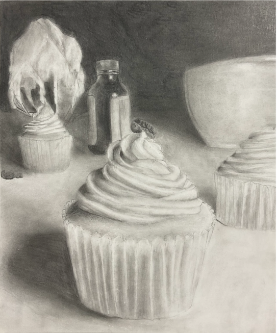 Graphite still life of frosted cupcakes, a whisk, mixing bowl, and baking ingredients, emphasizing texture, light, and depth.