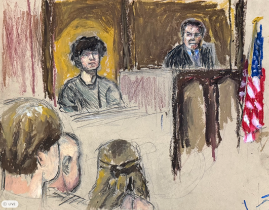 Courtroom sketch in oil pastel, charcoal, graphite, and colored pencil depicting a witness, judge, attorneys, and courtroom audience.