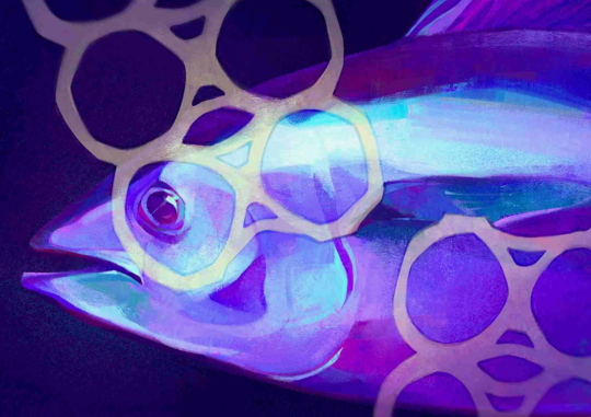 Vibrant painting of fish illuminated in shades of blue, purple, and pink, partially obscured by translucent plastic six-pack rings to highlight the impact of ocean plastic pollution.