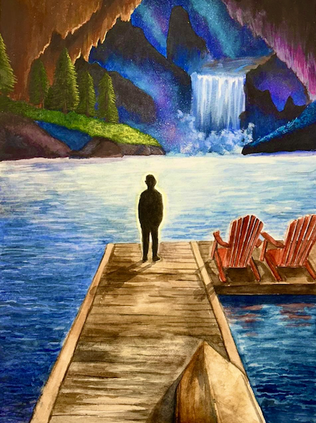 Watercolor painting by ARTriculate student Arjun of a silhouetted figure on a wooden dock facing a waterfall, with two red Adirondack chairs.