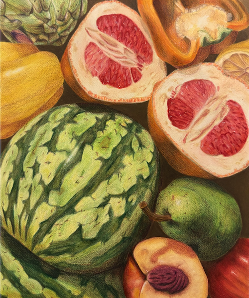 Colored pencil still life of fresh fruit and vegetables, including watermelon, grapefruit, peaches, pear, peppers, and artichokes, by Ava D., Young Artists Finalist.