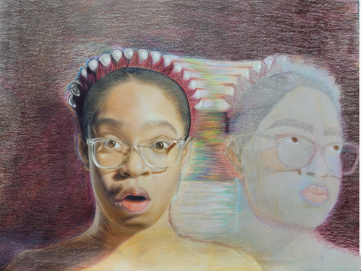 Colored pencil self-portrait exploring identity through layered imagery. Recipient of a 2025 Scholastic Gold Key and National recognition.