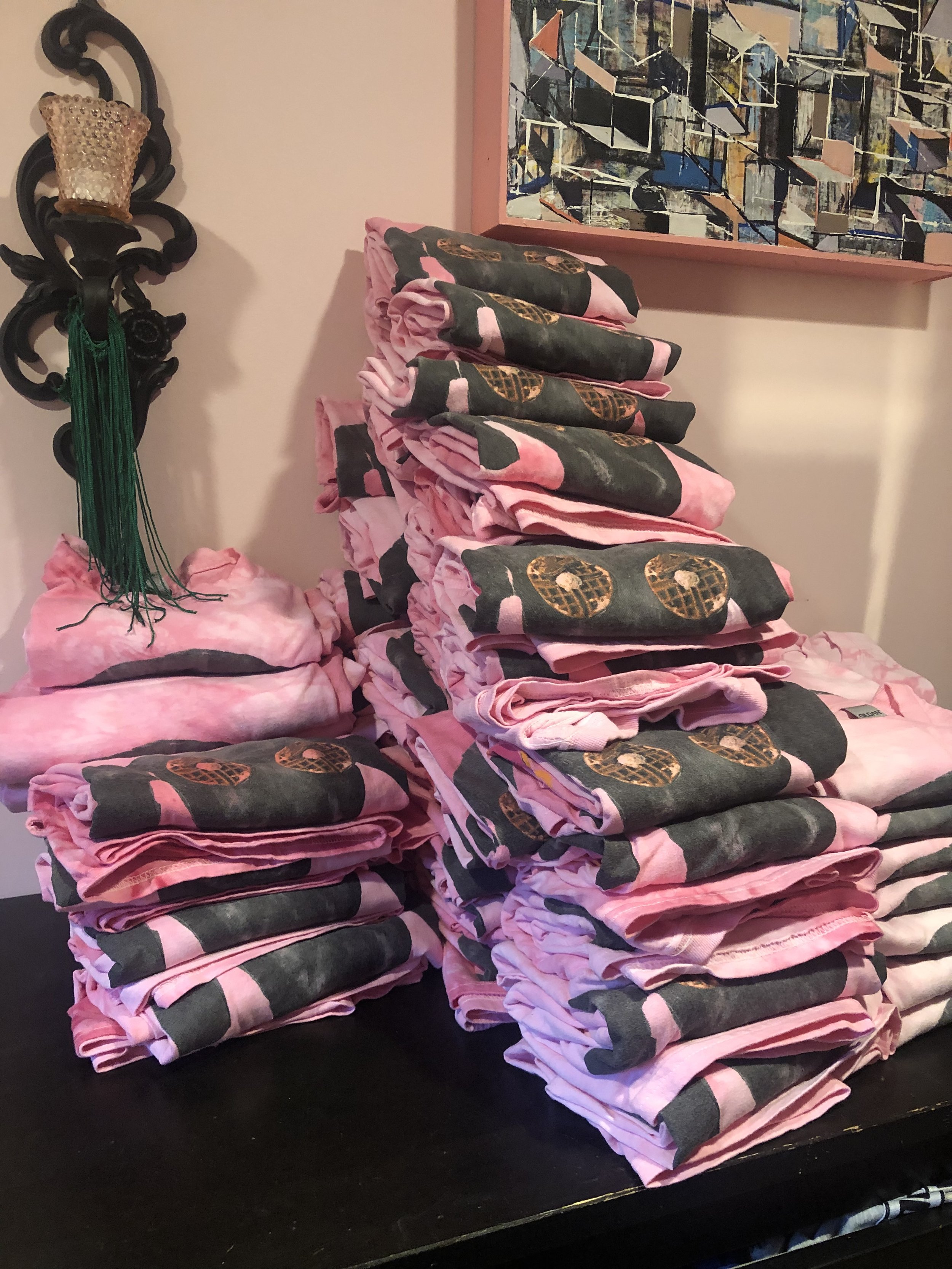 Each shirt was lovingly tye dyed by yours truly. I squeezed a little love into each one. 