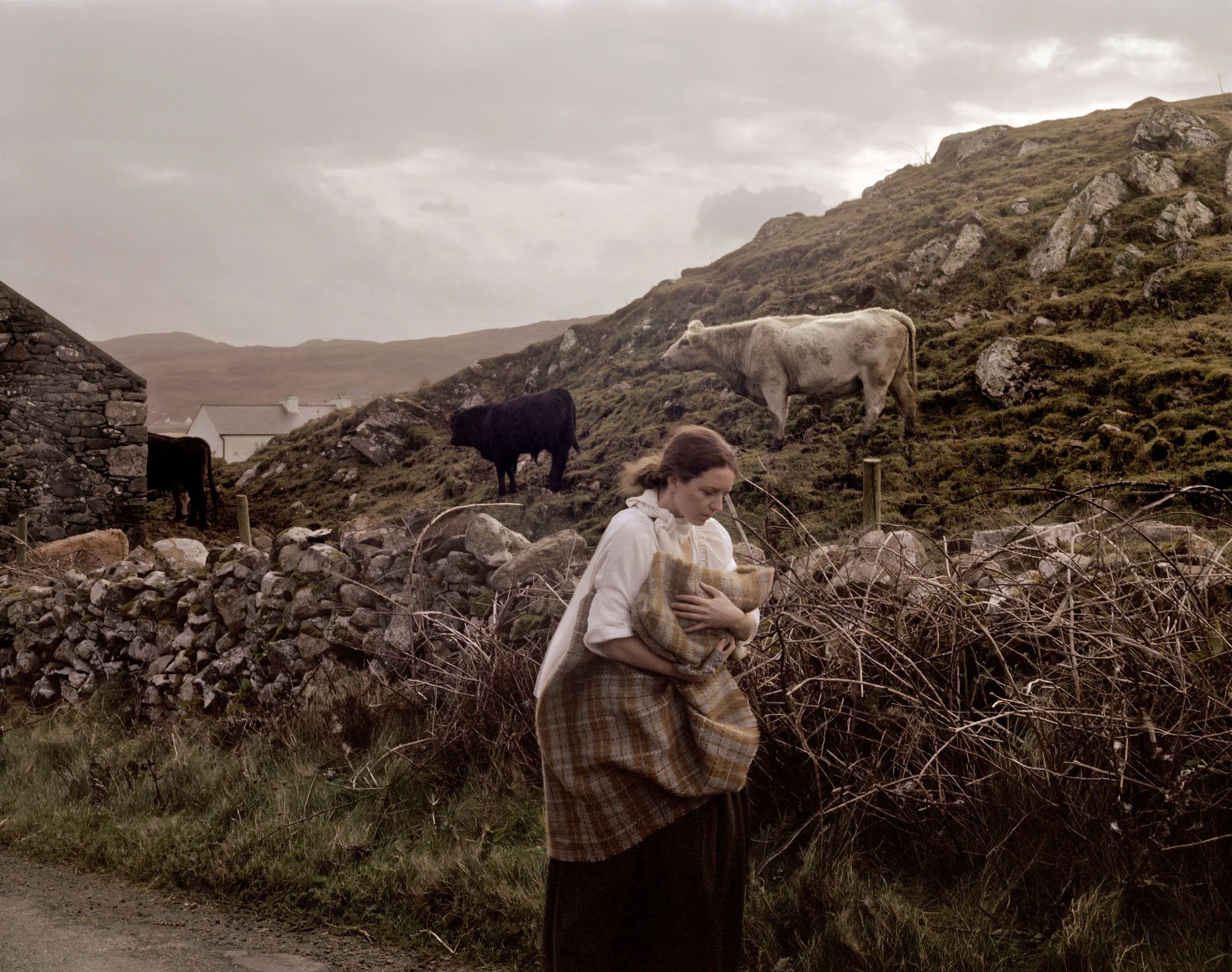 A woman holding a blanket near a stone wall with cows grazing on a hillside in the background, overcast sky, rural landscape.