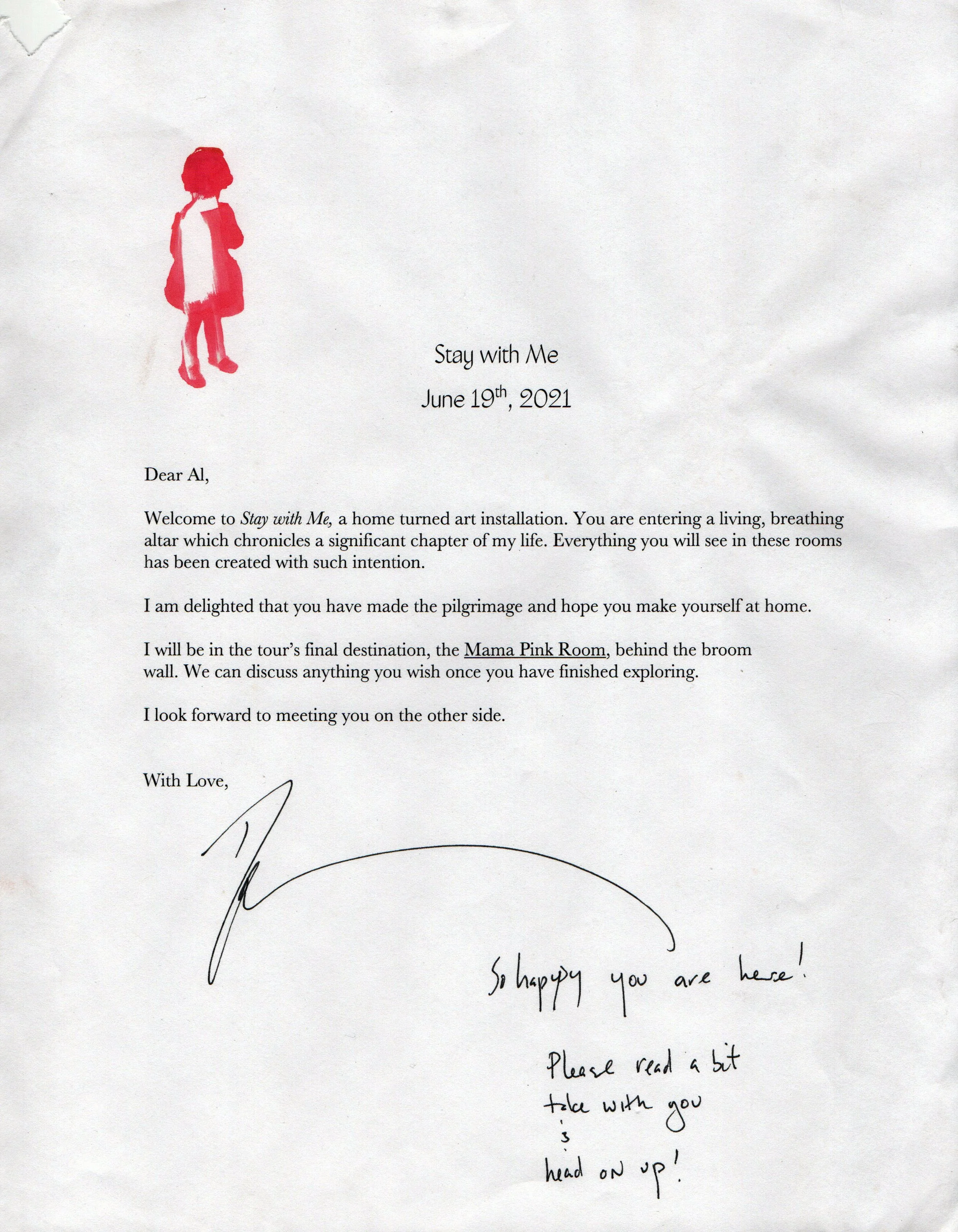 A letter titled "Stay with Me" dated June 19th, 2021, with a red silhouette of a child in the top left corner, and handwritten notes at the bottom right.