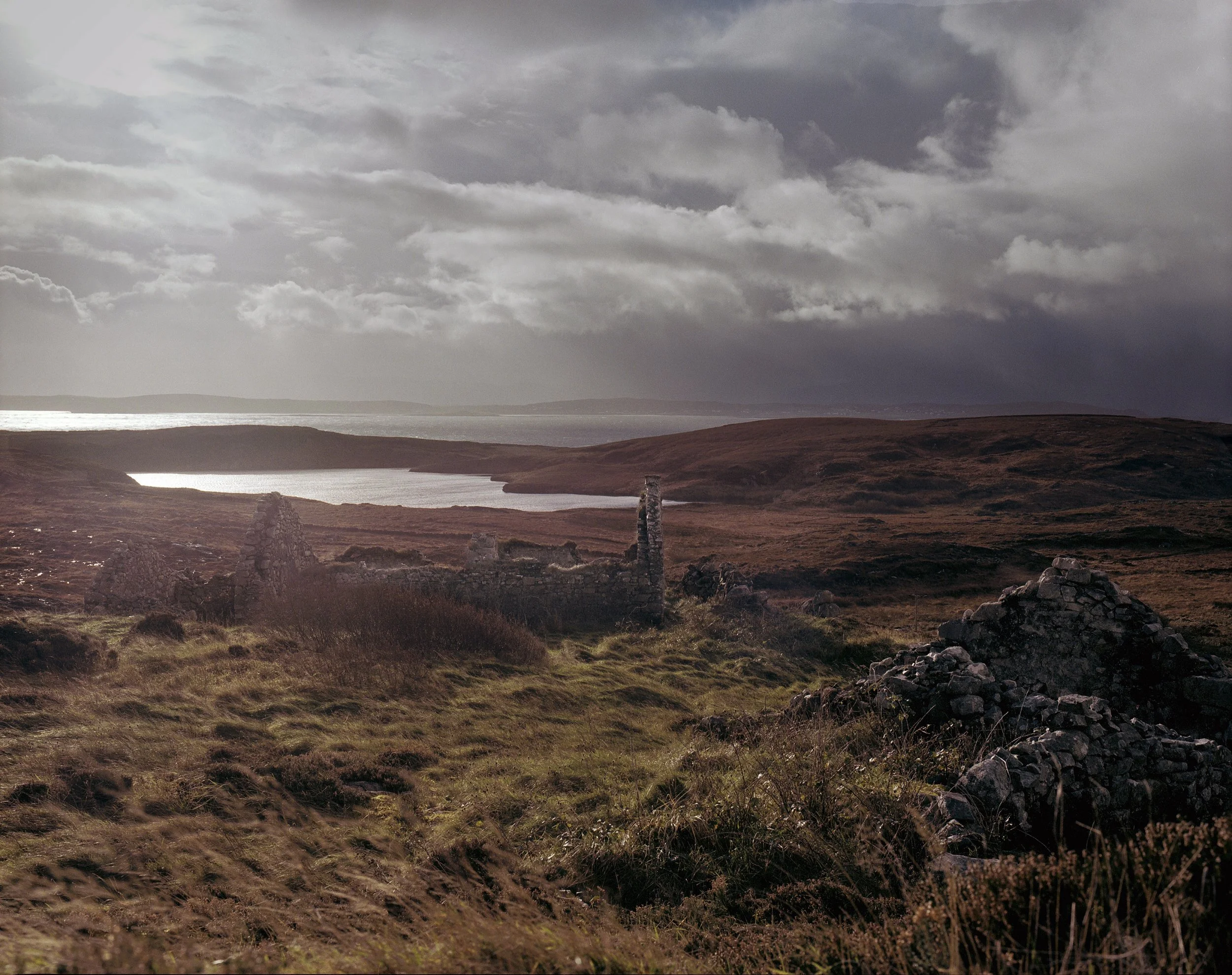 A landscape with ruins of stone structures, grassy terrain, a body of water, distant hills, and cloudy sky.