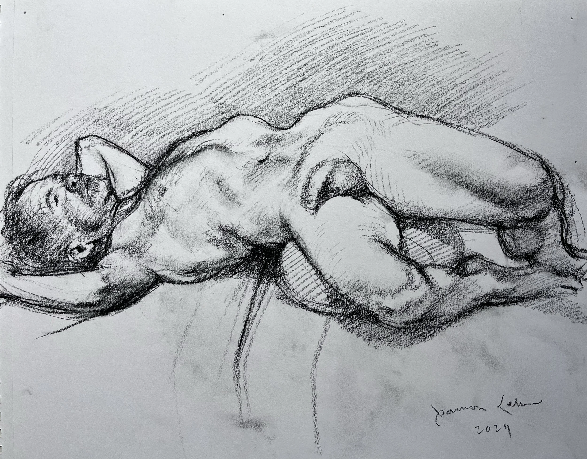Corey with hips propped, Charcoal.  14" x 17" $150.