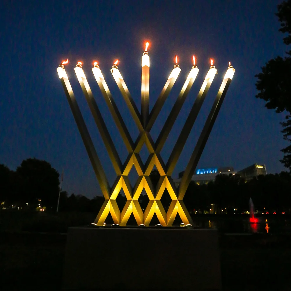 Public Art Menorah lit at night