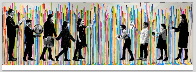 Black-and-white cutout of a group of eight people, including children and adults, holding hands and carrying various objects, in front of a colorful, abstract background with vertical paint streaks.