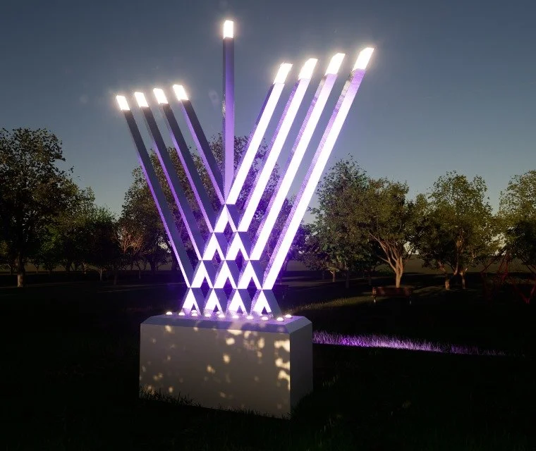 The 15ft Public Art Menorah, illuminated
