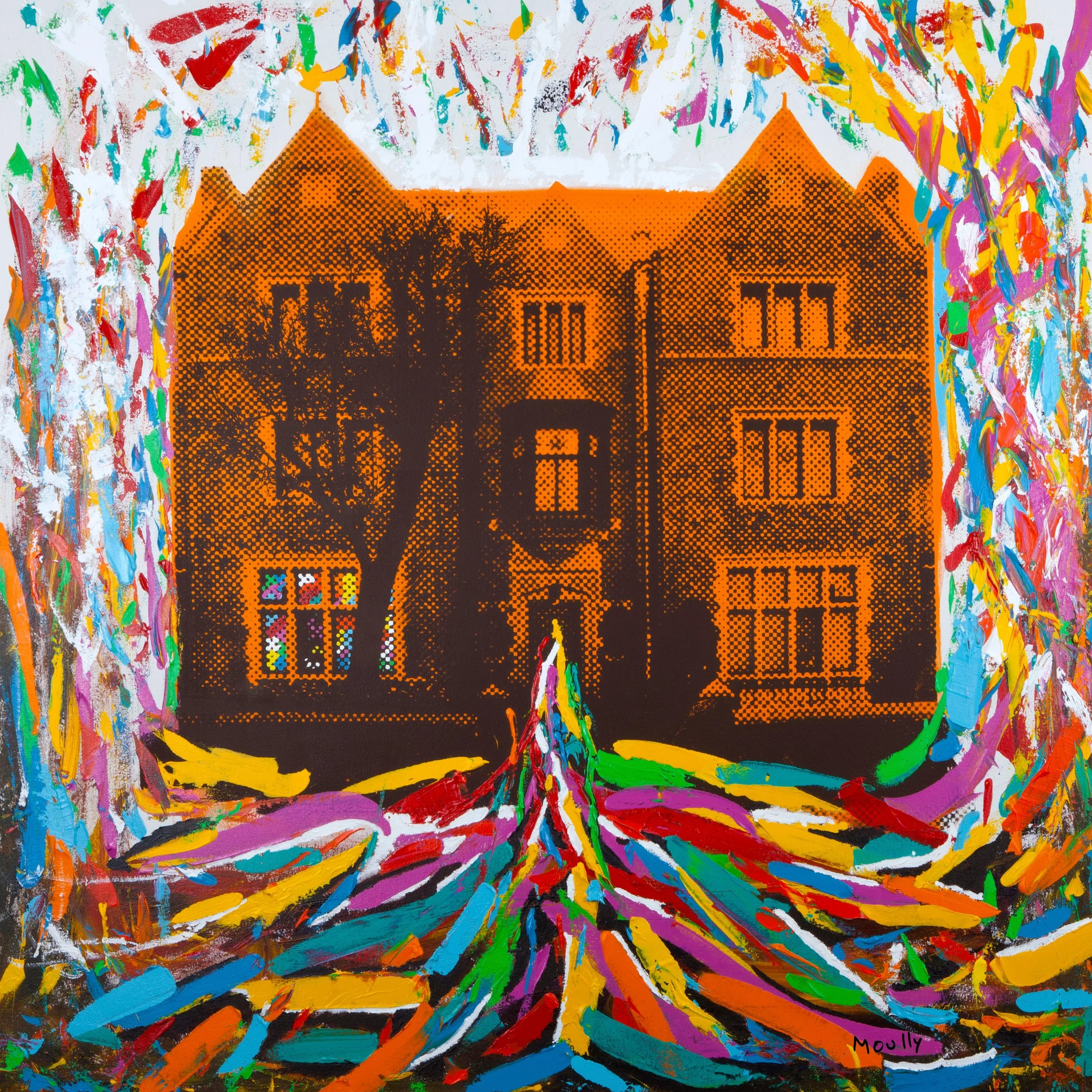 Colorful, abstract painting of a house with vibrant, multicolored strokes surrounding it.