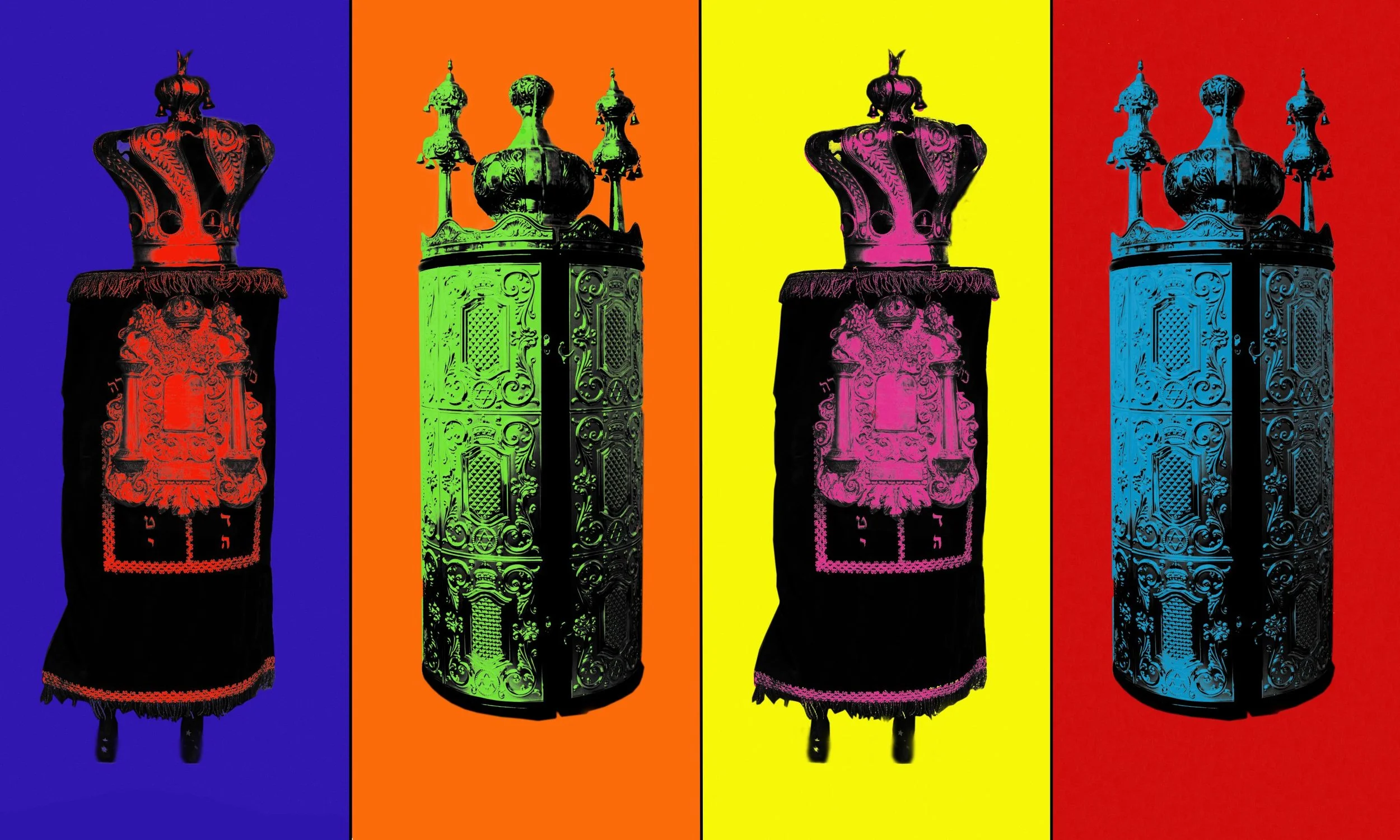 An artistic collage of four colorful variations of a Torah scroll, each featuring a decorative crown on top, set against vibrant blue, orange, yellow, and red backgrounds.