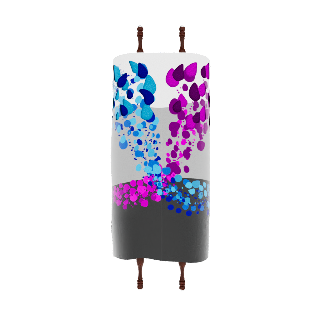 A refrigerator with colorful abstract paint splatter design featuring shades of blue, purple, and pink.