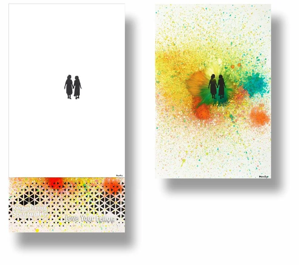 Two women walking hand in hand surrounded by colorful paint splashes on a white background.