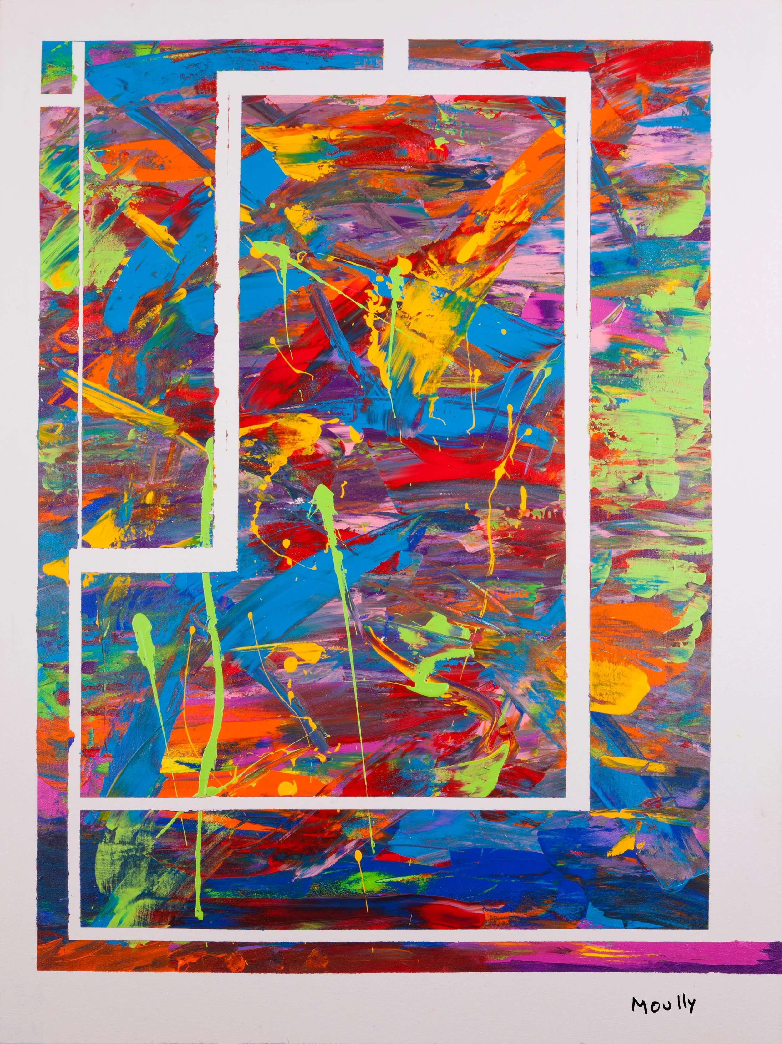 Abstract painting with vibrant brushstrokes of blue, red, yellow, green, orange, pink, and purple, framed by white geometric lines, signed "Molly" in the bottom right corner.