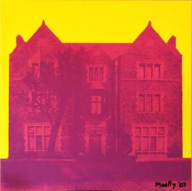 Pink ombre portrait of a large historic house with turrets and multiple windows, set against a bright yellow background.