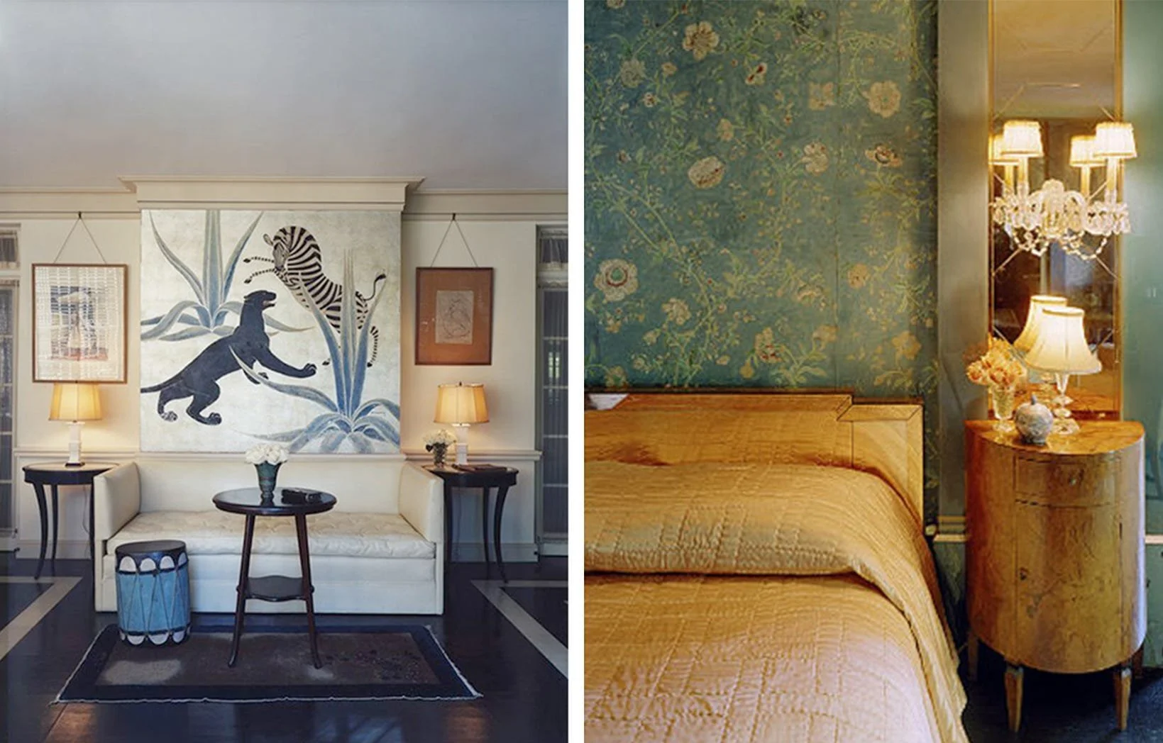Left: The sunroom of the house of Countess Dorothy di Frasso, featuring artwork by Charles Baskerville commissioned by Elsie de Wolfe. Right: The Art Deco bedroom suite for Countess Dorothy di Frasso by Elsie de Wolfe.
