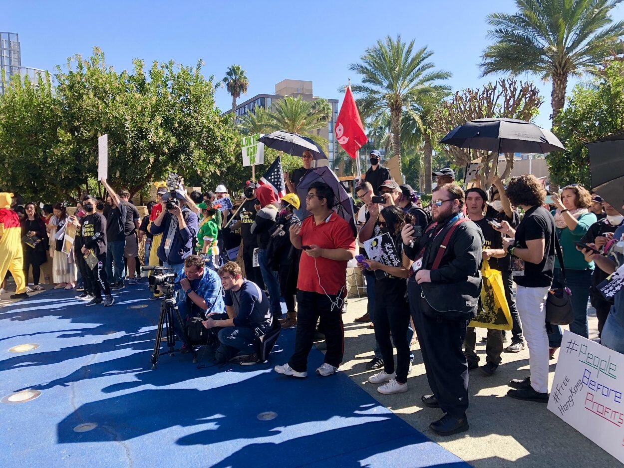 Pro-Hong Kong protesters gathered outside of the Anaheim Convention Center at BlizzCon – a gaming convention run by Blizzard Entertainment – in solidarity with esports gamer Ng Wai Chung, who was punished for supporting Hong Kong protests. Photo cou…