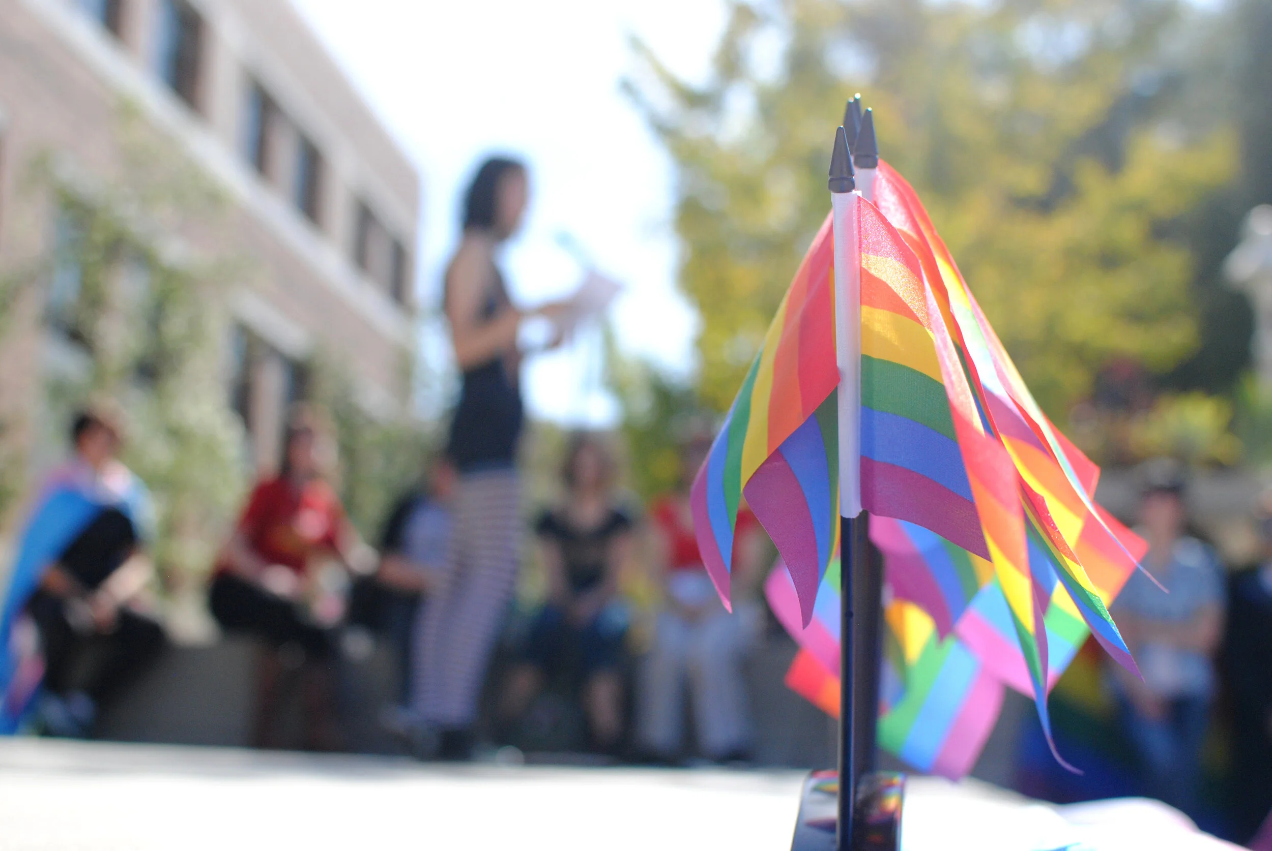 Around 50 students participated in a walkout Oct. 31 to support LGBTQIA+ rights. At the event, various speakers talked about their experiences. Photo by Bonnie Cash