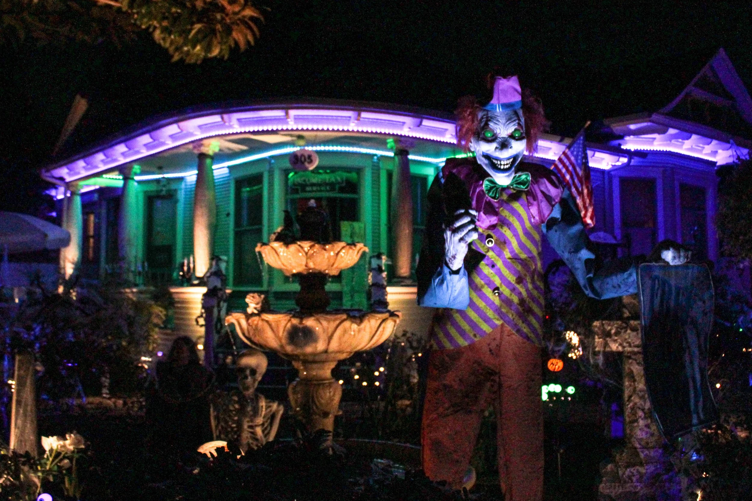    Many houses had moving animatronics and flashing lights to spook people passing by.   