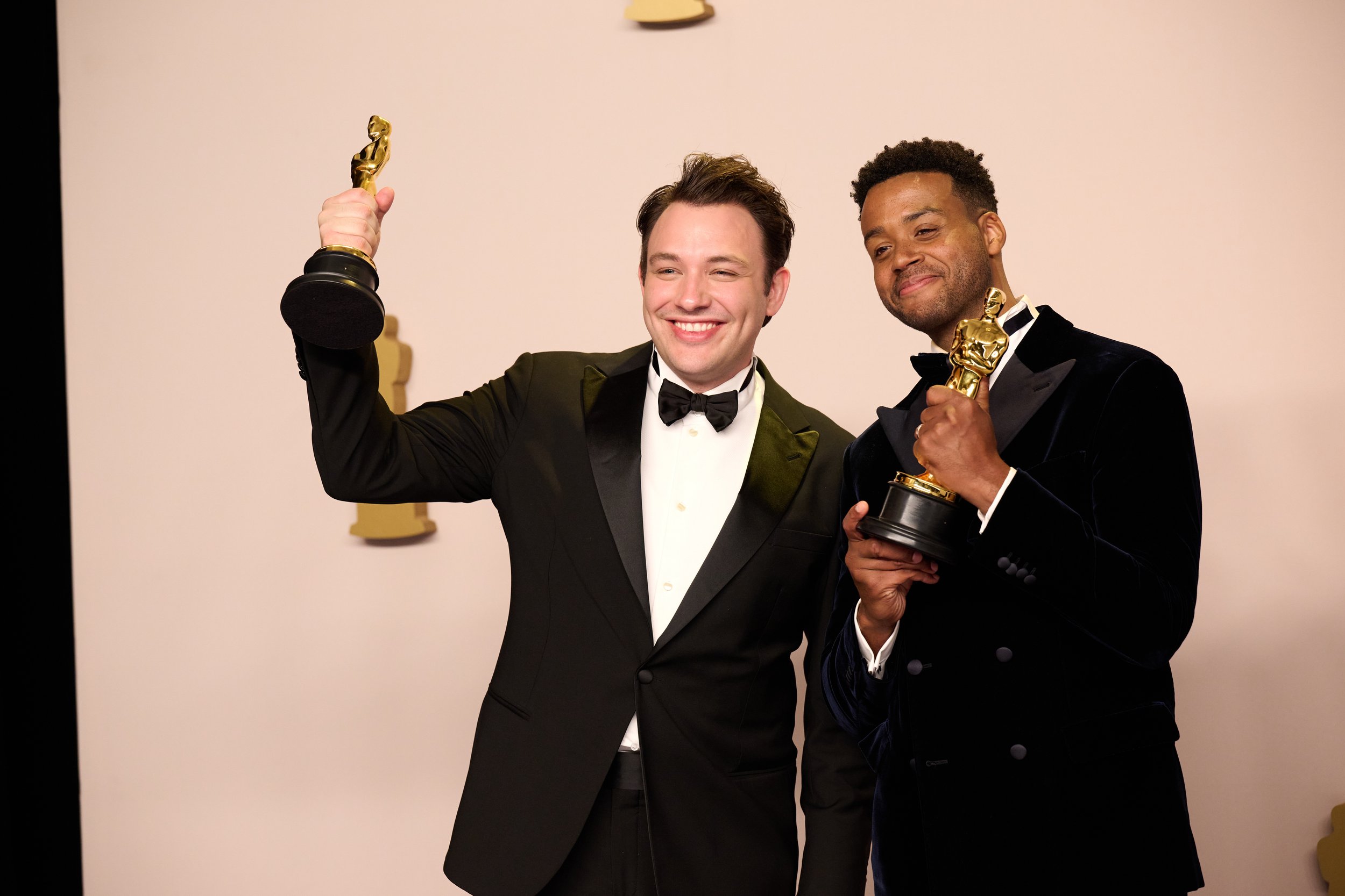   “The Last Repair Shop” directors Ben Proudfoot (left) and Kris Bowers pose backstage with the Oscar for Best Documentary Short Film during the live ABC telecast of the 96th Oscars at Dolby Theatre at Ovation Hollywood on Sunday, March 10, 2024.  