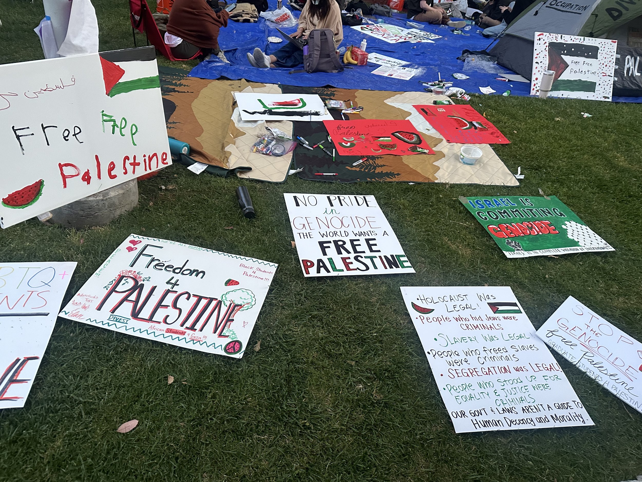    Posters created by students for the encampment. Photo by JIYA KATHURIA, Politics Staff Writer   