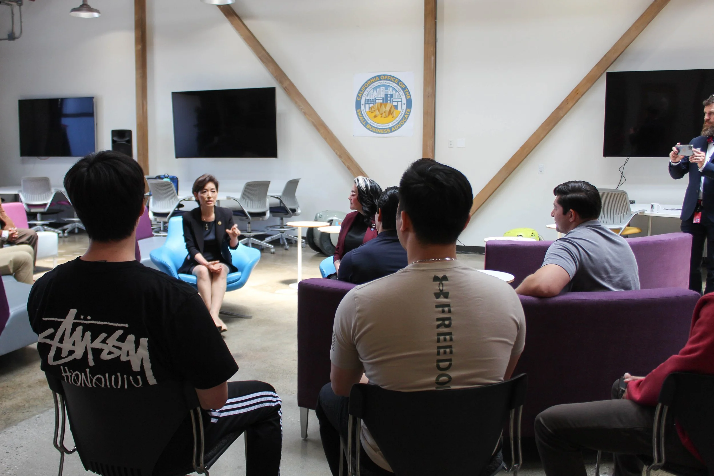    At the Leatherby Entrepreneurship Center for Business Ethics, Kim spoke with several veteran students about their concerns and expressed her commitment to helping them.   