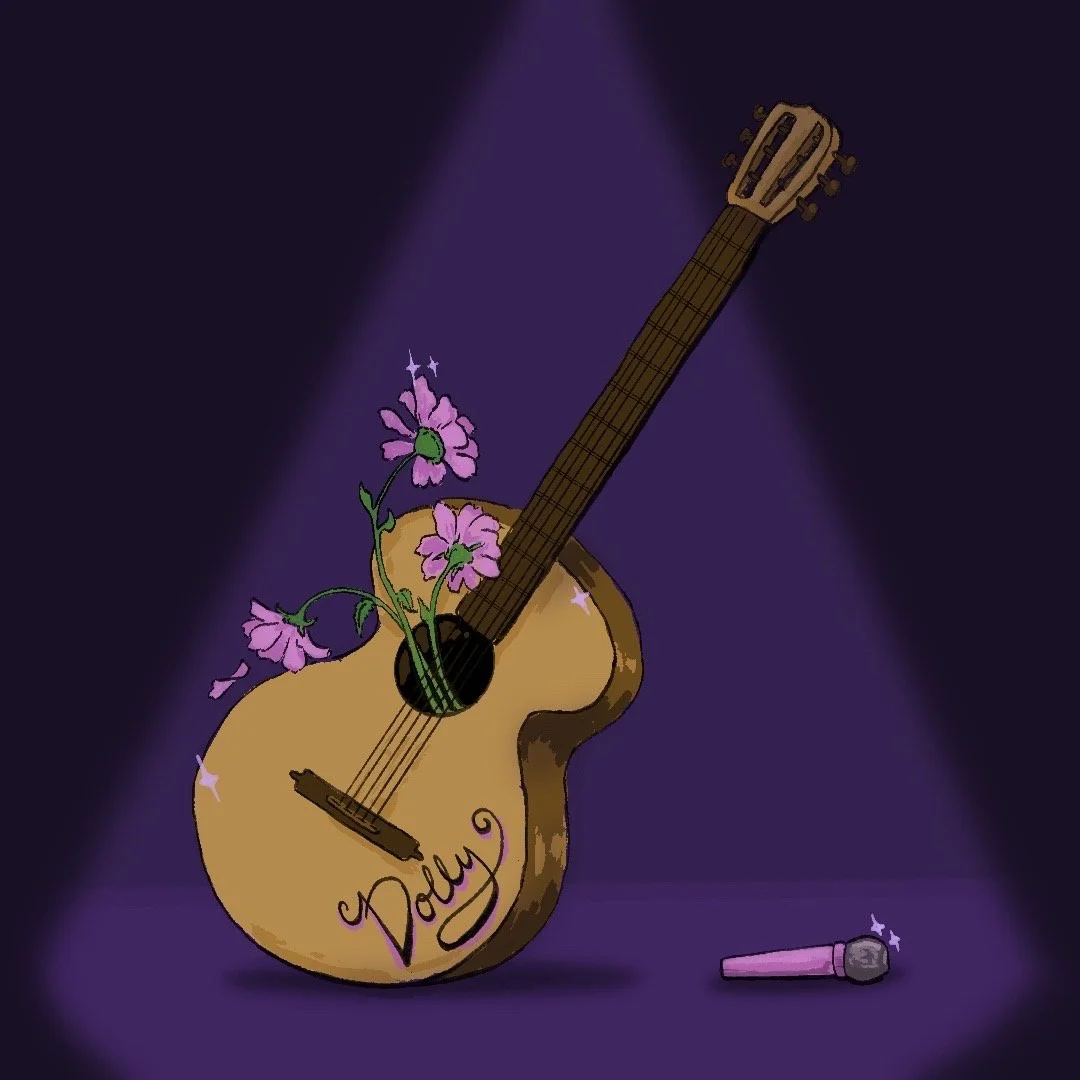Illustration of a guitar with print flowers sprouting out near a microphone under a purple spotlight.