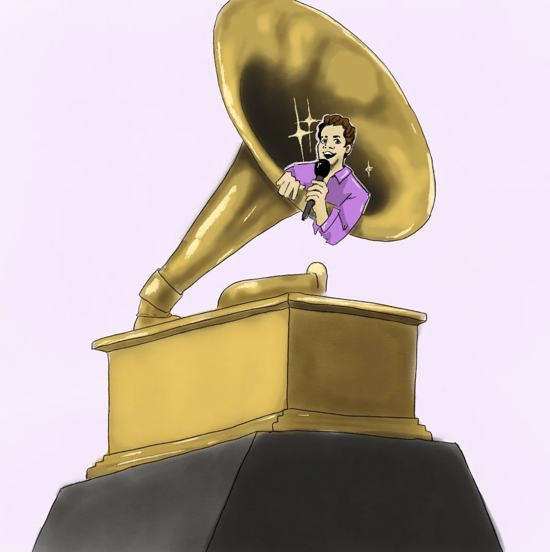 An illustration of Charlie Puth climbing out of a grammy