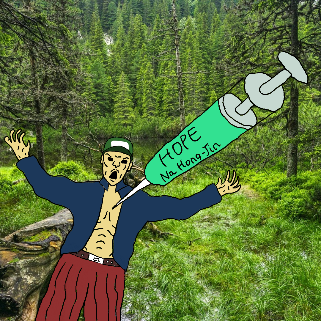 Cartoon man in a lush forest throws up his hands in alarm as a giant green syringe labeled “HOPE Na Hong-jin” points at him.