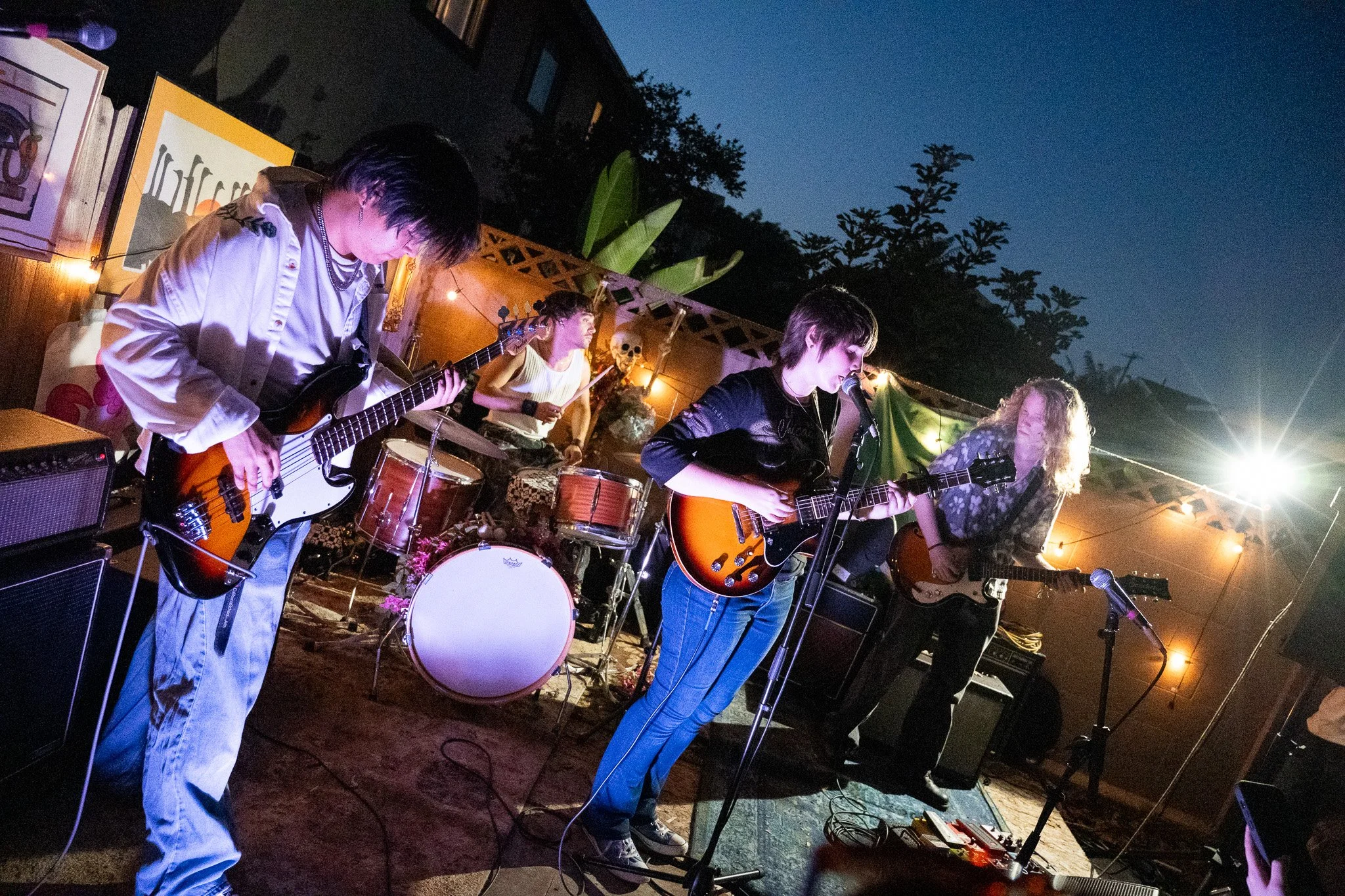 band at night in backyard