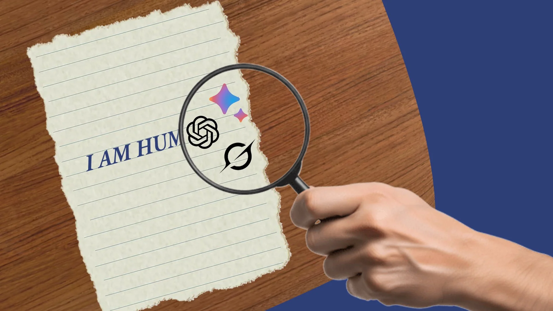 A hand uses a magnifying glass to inspect AI company logos on torn lined paper reading “I AM HUM...,” creating a curious, investigative mood.
