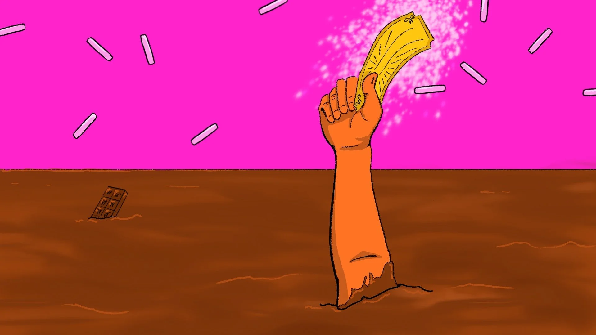 illustration of a hand holding a golden bill in a sea of chocolate