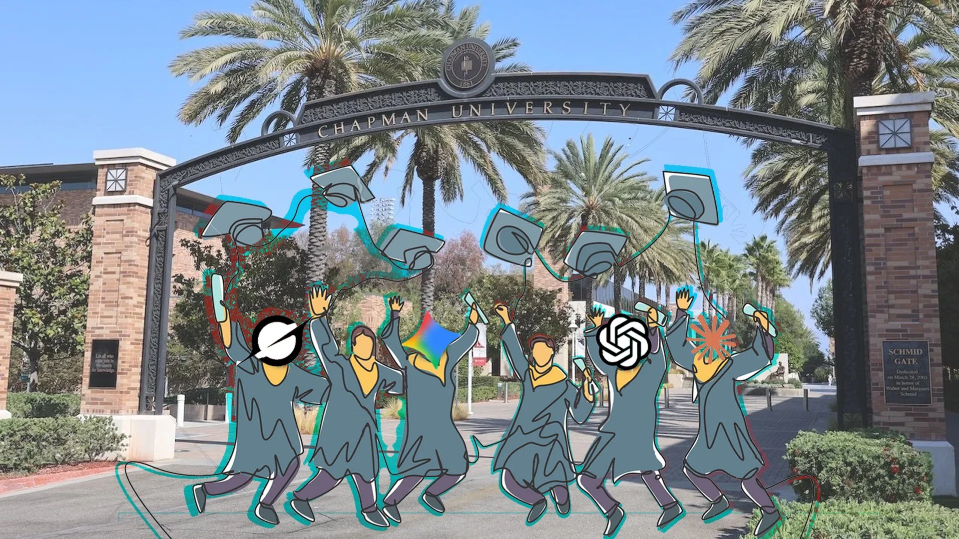 Illustrated figures with AI symbols for heads dance and jump beneath Chapman University’s palm-lined entrance, Schmidt Gate.