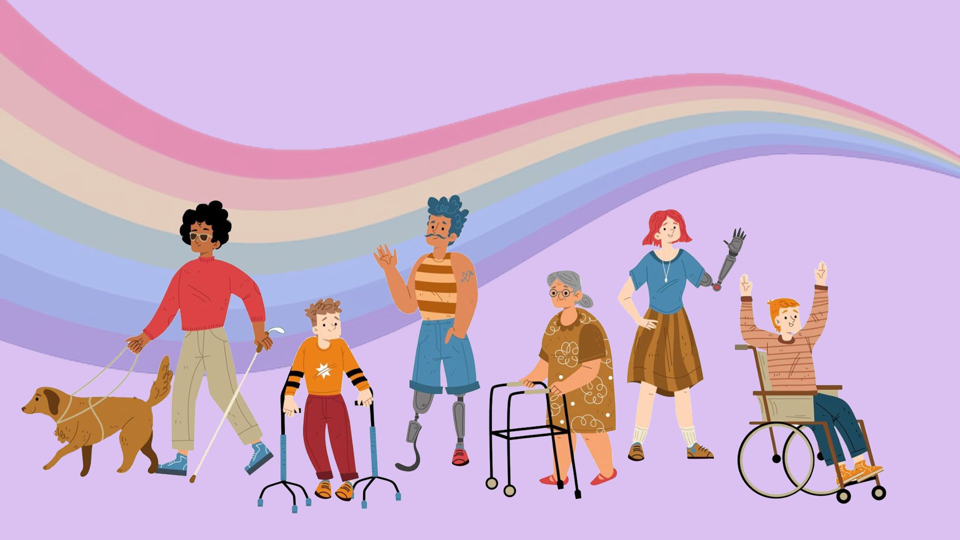Inclusive illustration of diverse people using a wheelchair, cane, crutches and prosthetic legs, with a leashed dog beneath pastel rainbow waves, cheerful.