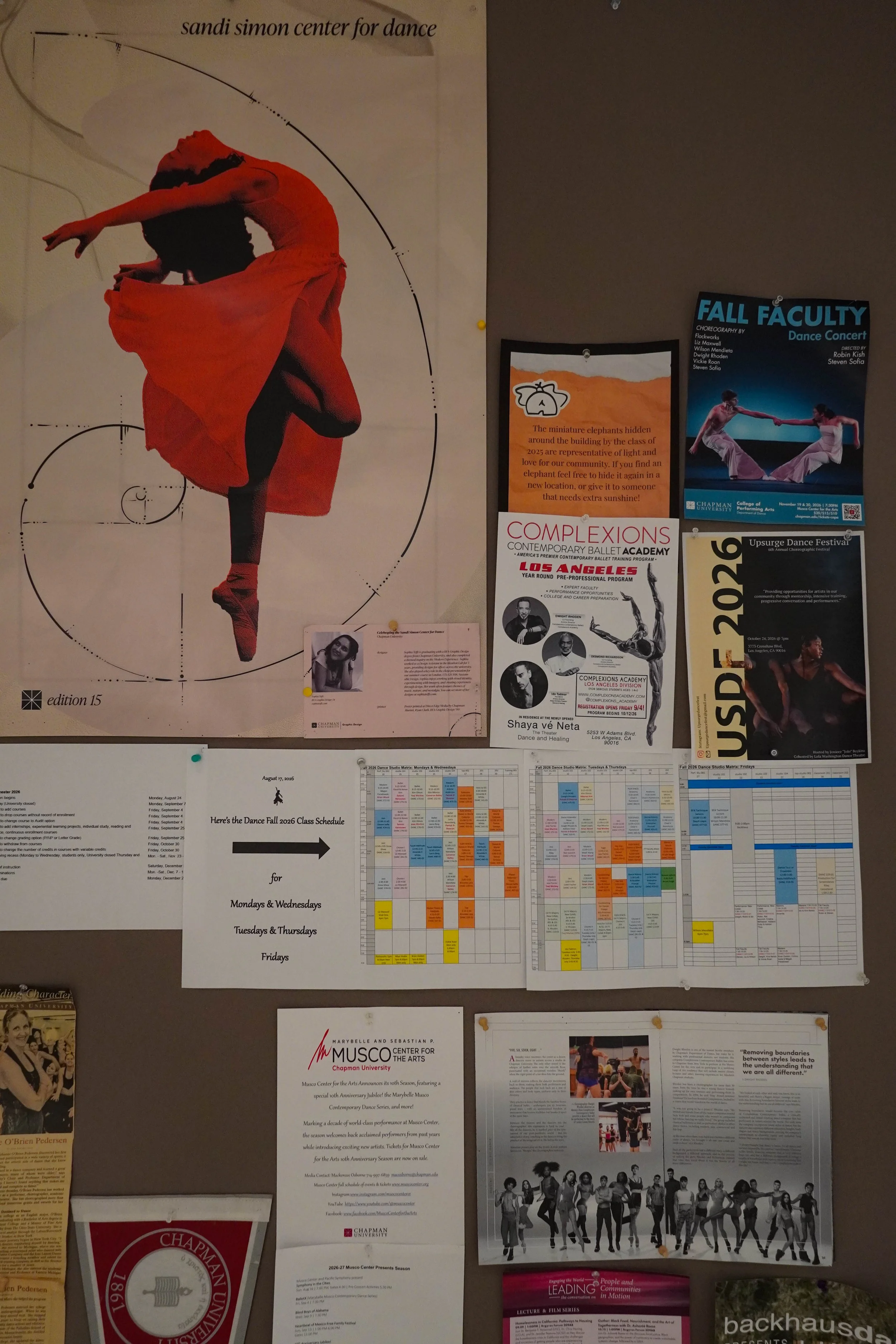 corkboard of dance related classes, activities, and events