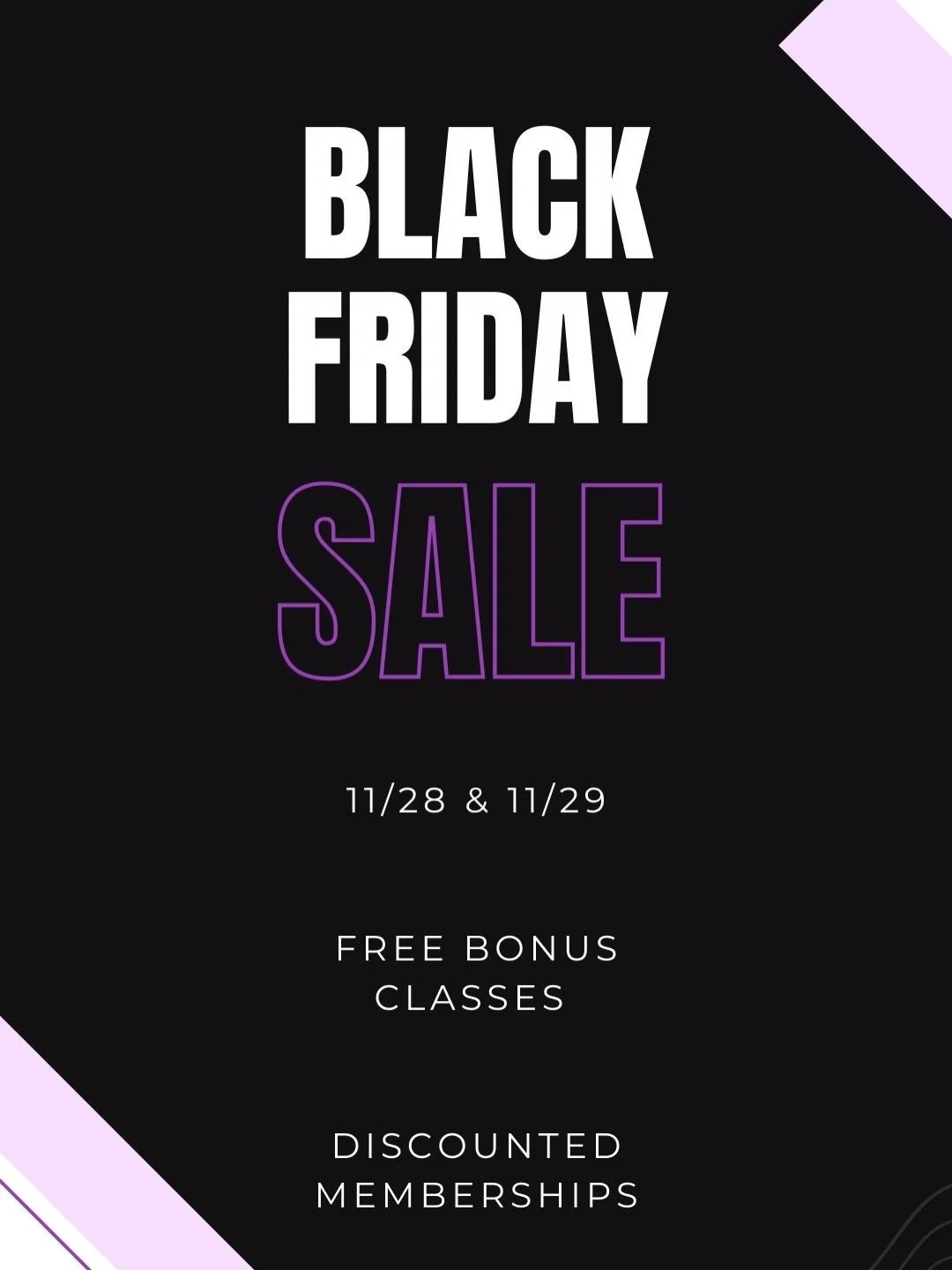 Treat yourself to movement this season. Our Black Friday class pack sale kick start at 11/28 at midnight and go until the end of Small Business Saturday 
limited time only! 🖤🔥

PLUS 
Double the classes, double the grind. First 6 people score an unb